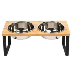 elevated cat bowl stand with 15 degree tilted stainless steel feeding bowls