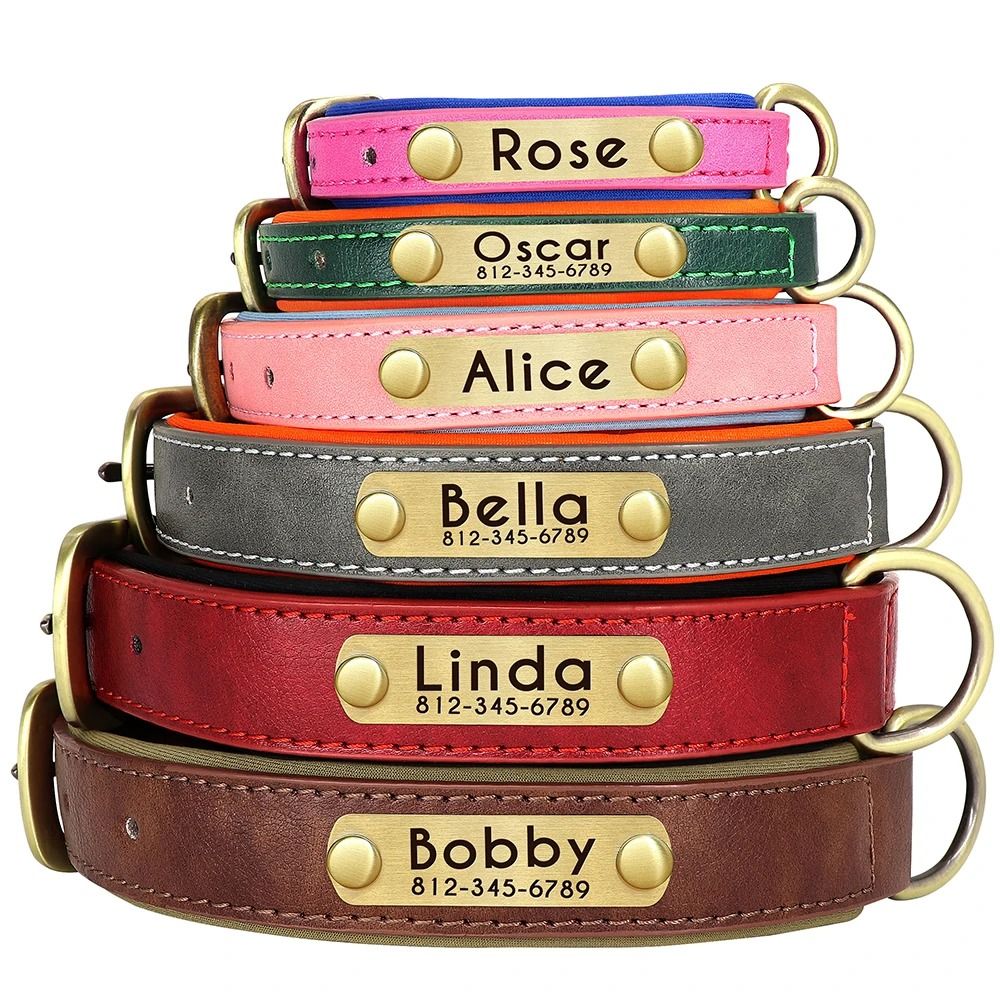Customized Personalized Dog Collar Soft Padded PU Leather Collar With Engraved Nameplate 0