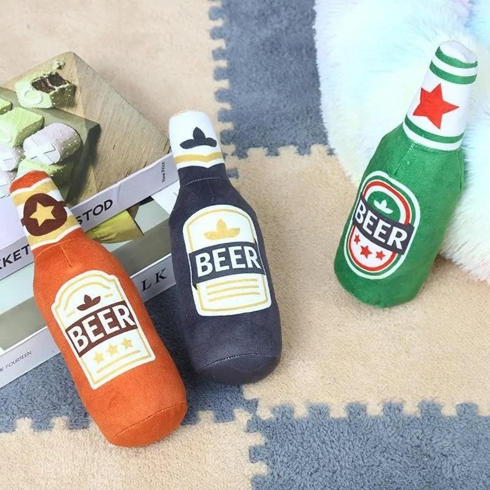 Squeaky Plush Dog Toy Beer Bottle Shape Bite Resistant Interactive Chew Toy 12