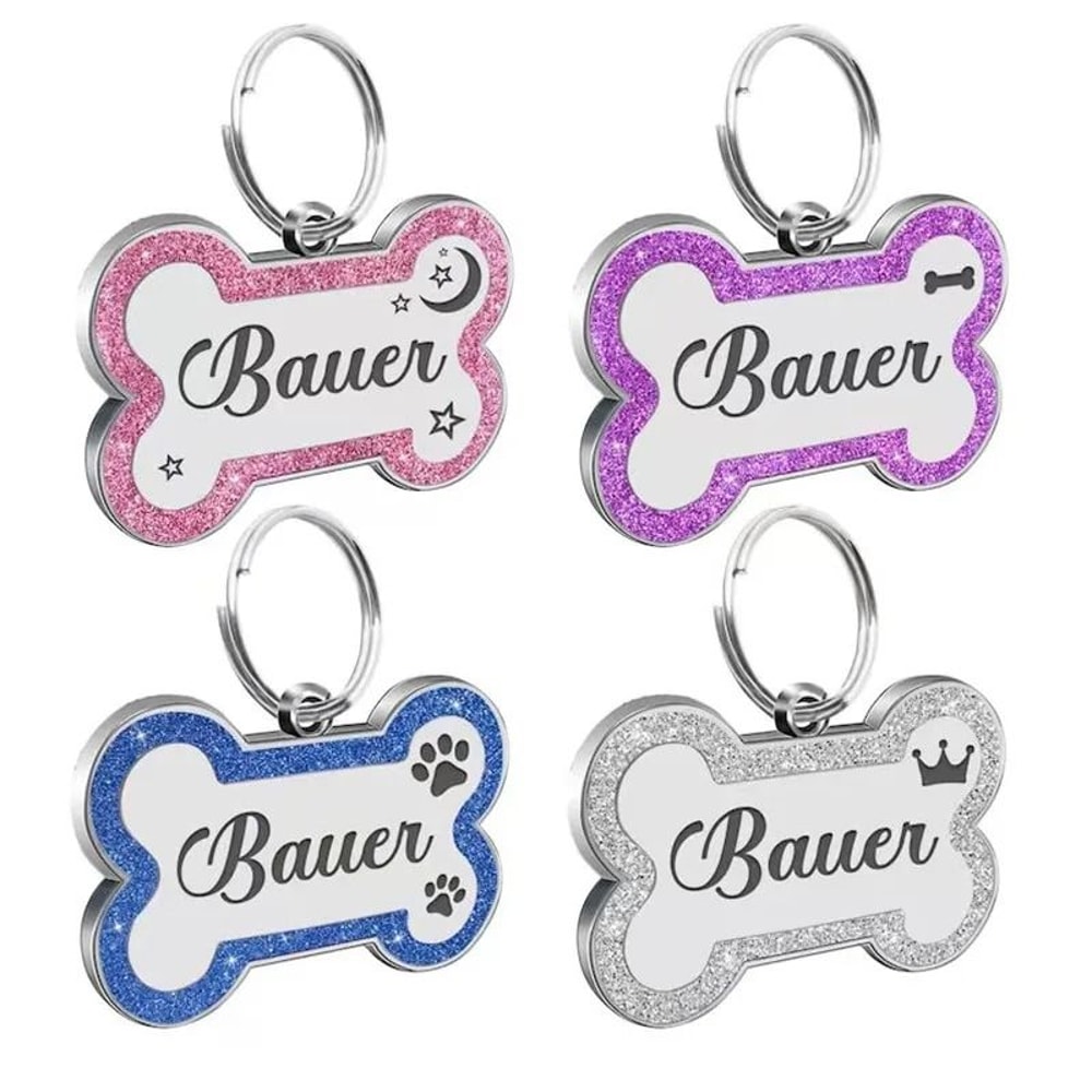 Custom Glitter Pet ID Tag Double Sided Bone Name Pendant For Dogs And Cats 0