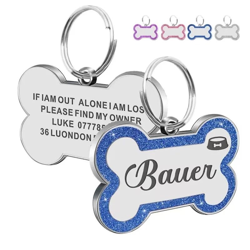 Custom Glitter Pet ID Tag Double Sided Bone Name Pendant For Dogs And Cats 11