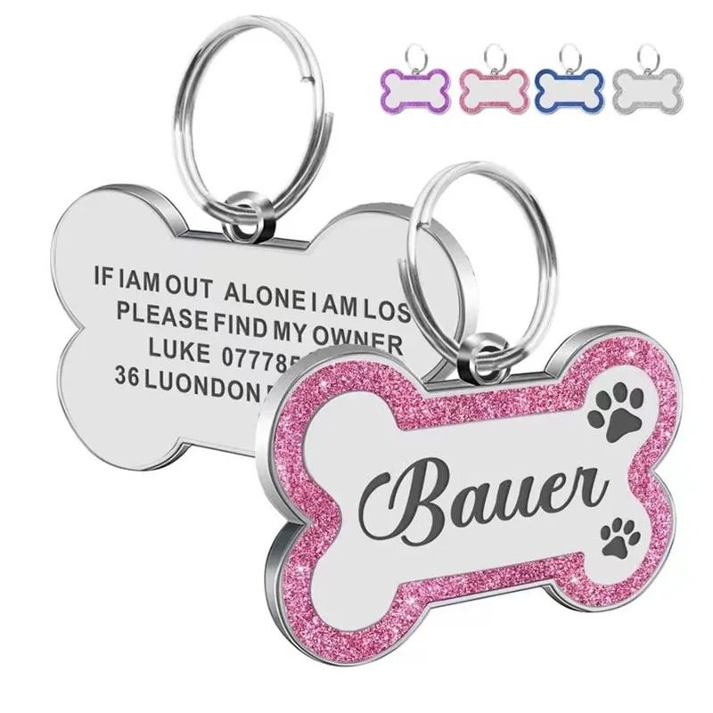 Custom Glitter Pet ID Tag Double Sided Bone Name Pendant For Dogs And Cats 3