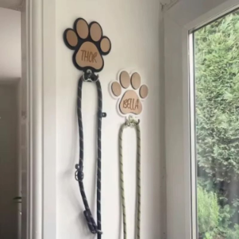 Custom Wooden Dog Leash Hanger Paw Print Wall Hook For Collars And Pet Accessories 4