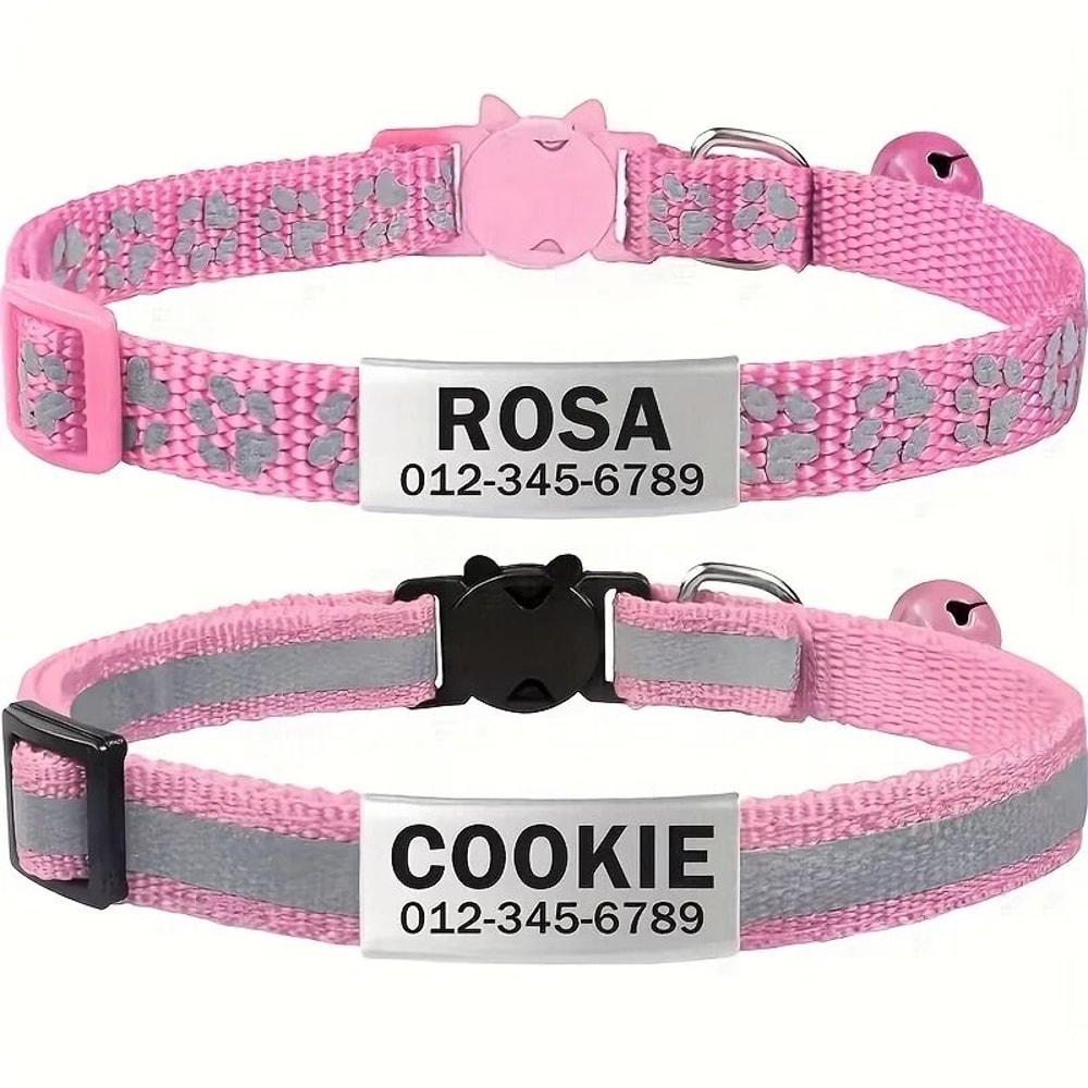 Reflective Personalized Cat Collar Set With Safety Buckle And Custom Engraved ID 8