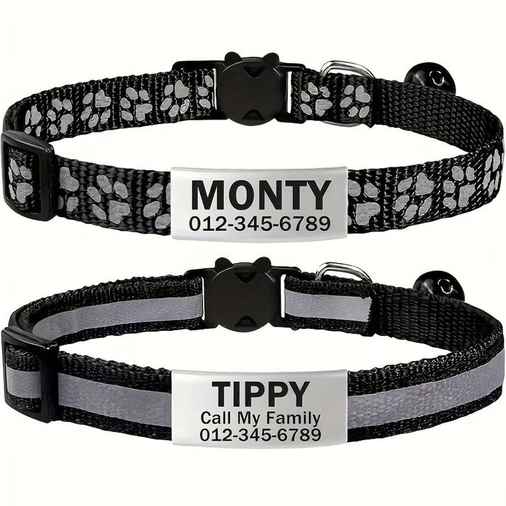 Reflective Personalized Cat Collar Set With Safety Buckle And Custom Engraved ID 9