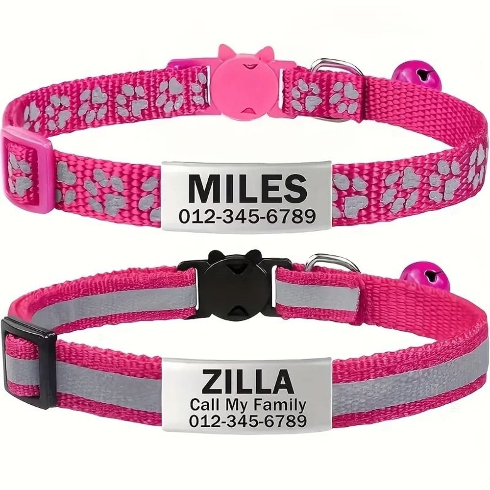 Reflective Personalized Cat Collar Set With Safety Buckle And Custom Engraved ID 4