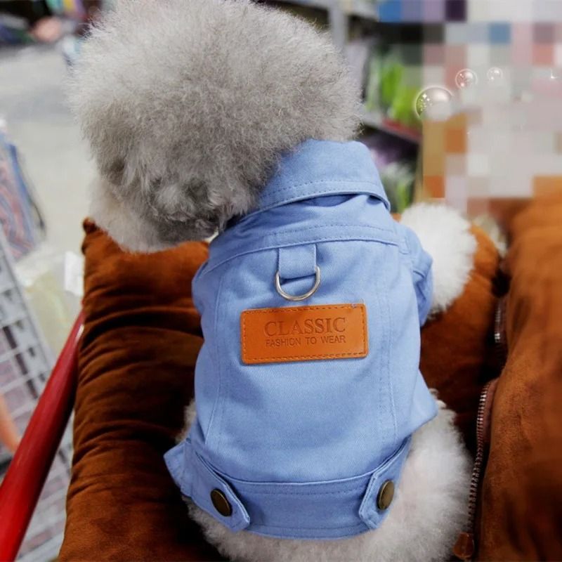 Denim Dog Jacket Outfit With Leash Ring For Small And Medium Dogs 5