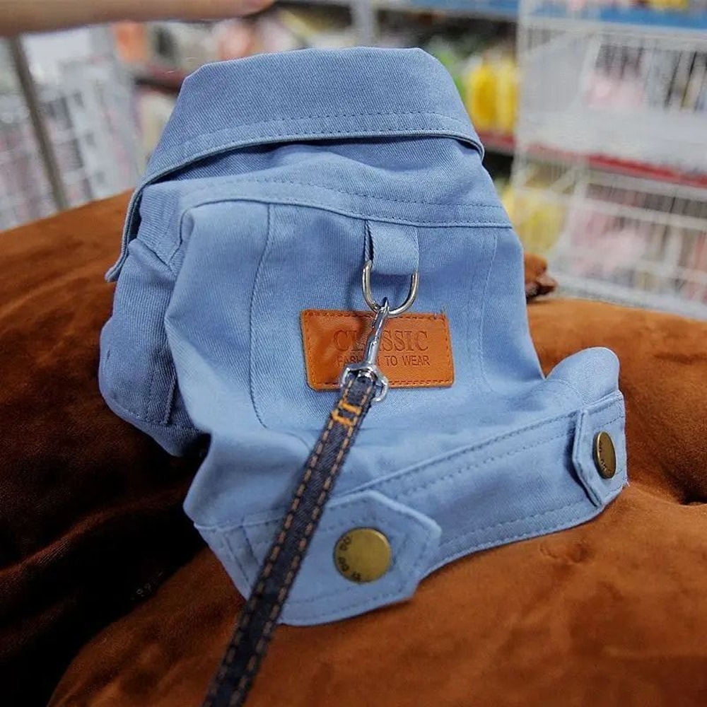 Denim Dog Jacket Outfit With Leash Ring For Small And Medium Dogs 6