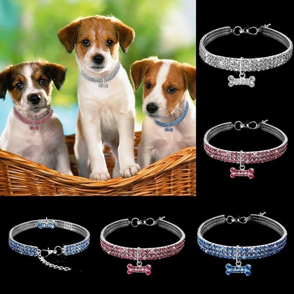 Rhinestone Puppy Collar Adjustable Crystal Dog Necklace With Engraved Name Plate 11