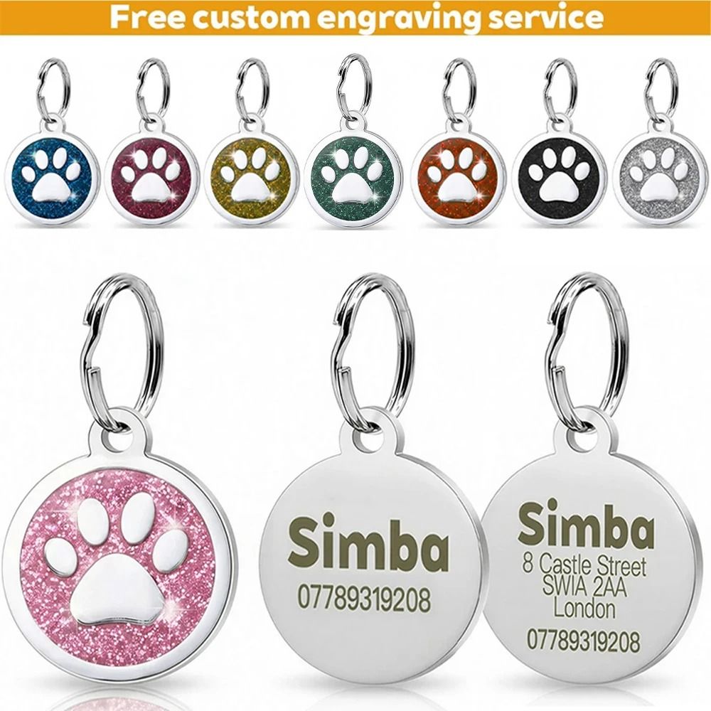 Personalized Pet ID Tag Engraved Glitter Paw Collar Pendant For Dogs And Cats 0