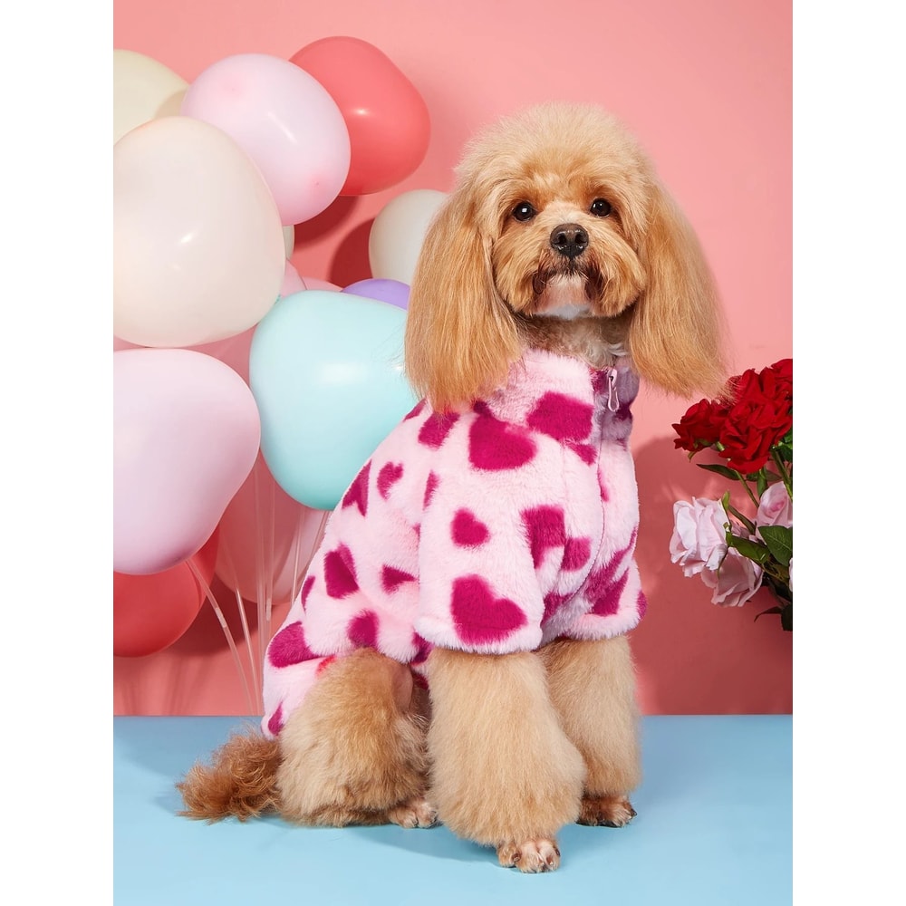 Super Soft Warm Winter Dog Hoodie Heart Print Plush Jacket For Small And Medium Dogs 0