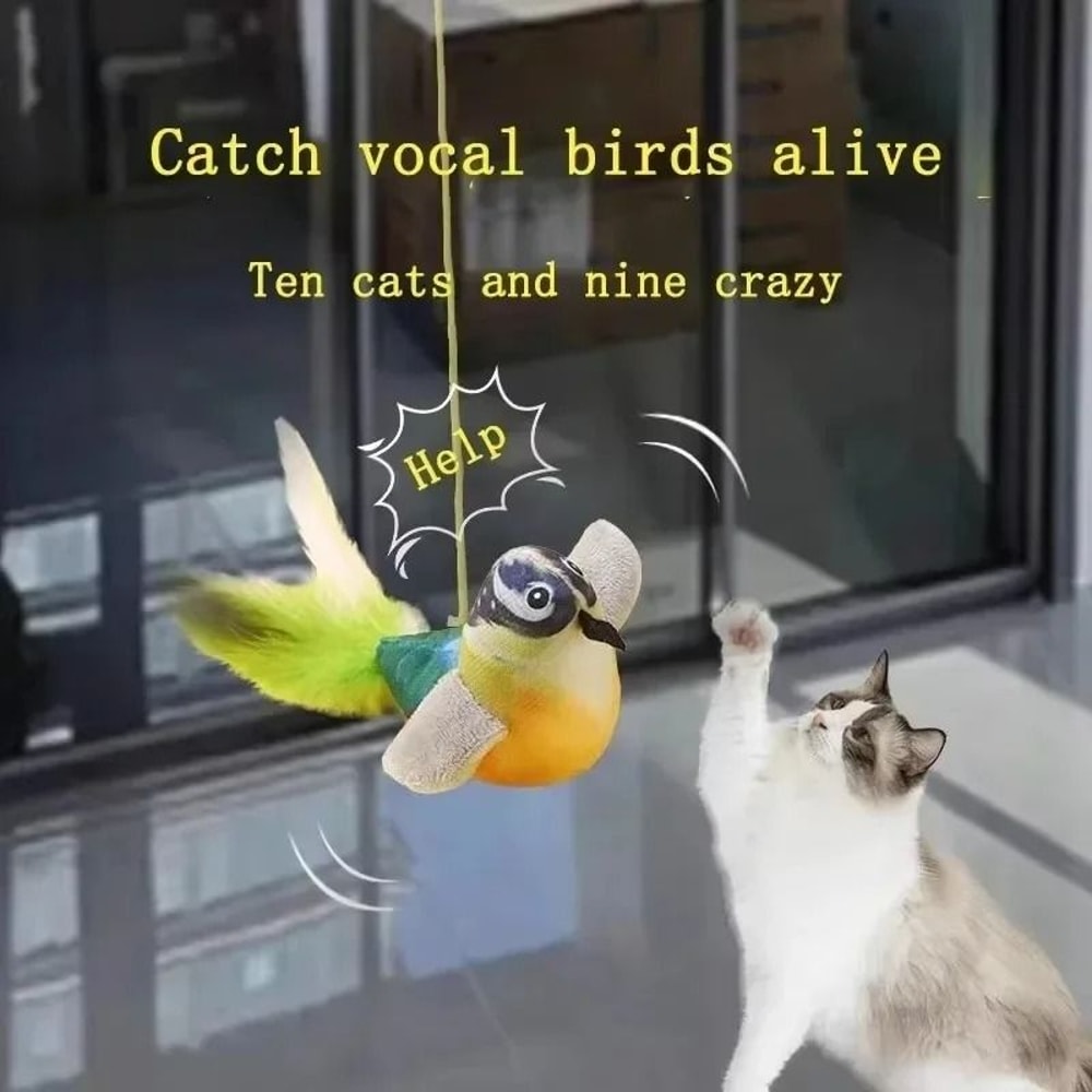 Interactive Cat Plush Toy With Bird Sound And Elastic Rope For Boredom Relief 9