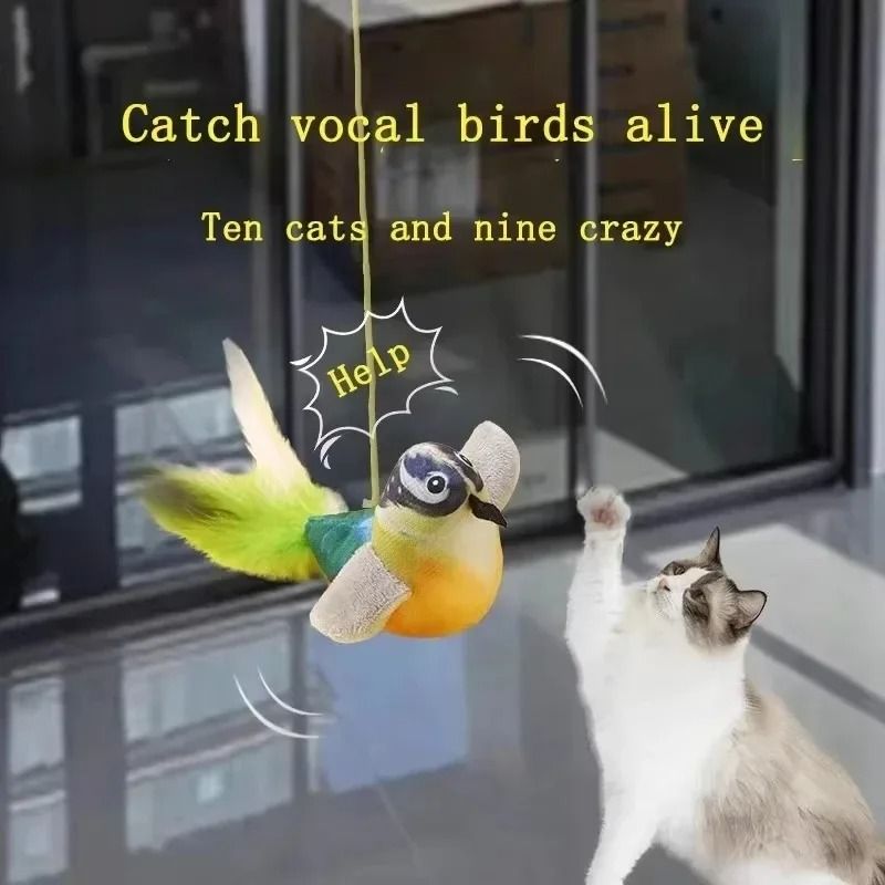 Interactive Cat Plush Toy With Bird Sound And Elastic Rope For Boredom Relief 9