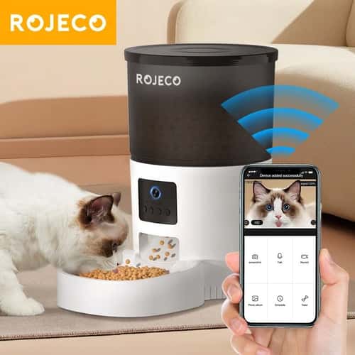 ROJECO Smart Automatic Cat Feeder with Camera WiFi Pet Food Dispenser for Cats and Dogs