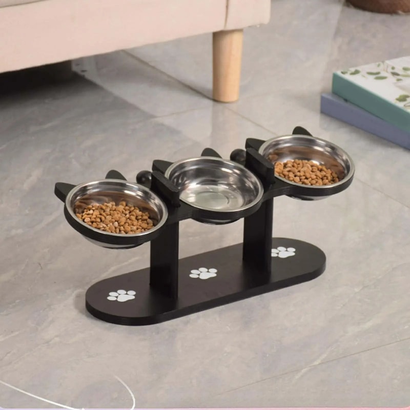 Elevated Cat Food Bowl With Stainless Steel Dish And Wooden Support Stand 2