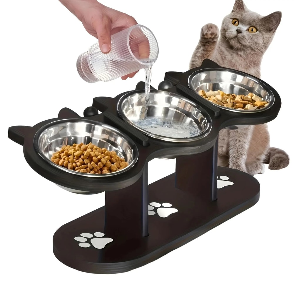Elevated Cat Food Bowl With Stainless Steel Dish And Wooden Support Stand 7