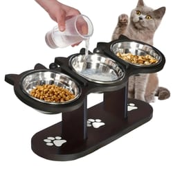 elevated cat food bowl with stainless steel dish and wooden support stand