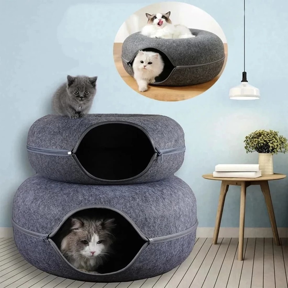 Interactive Cat Tunnel Bed Felt Donut Nest Scratcher House For Indoor Cats 7