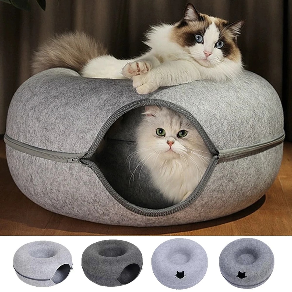 Interactive Cat Tunnel Bed Felt Donut Nest Scratcher House For Indoor Cats 0