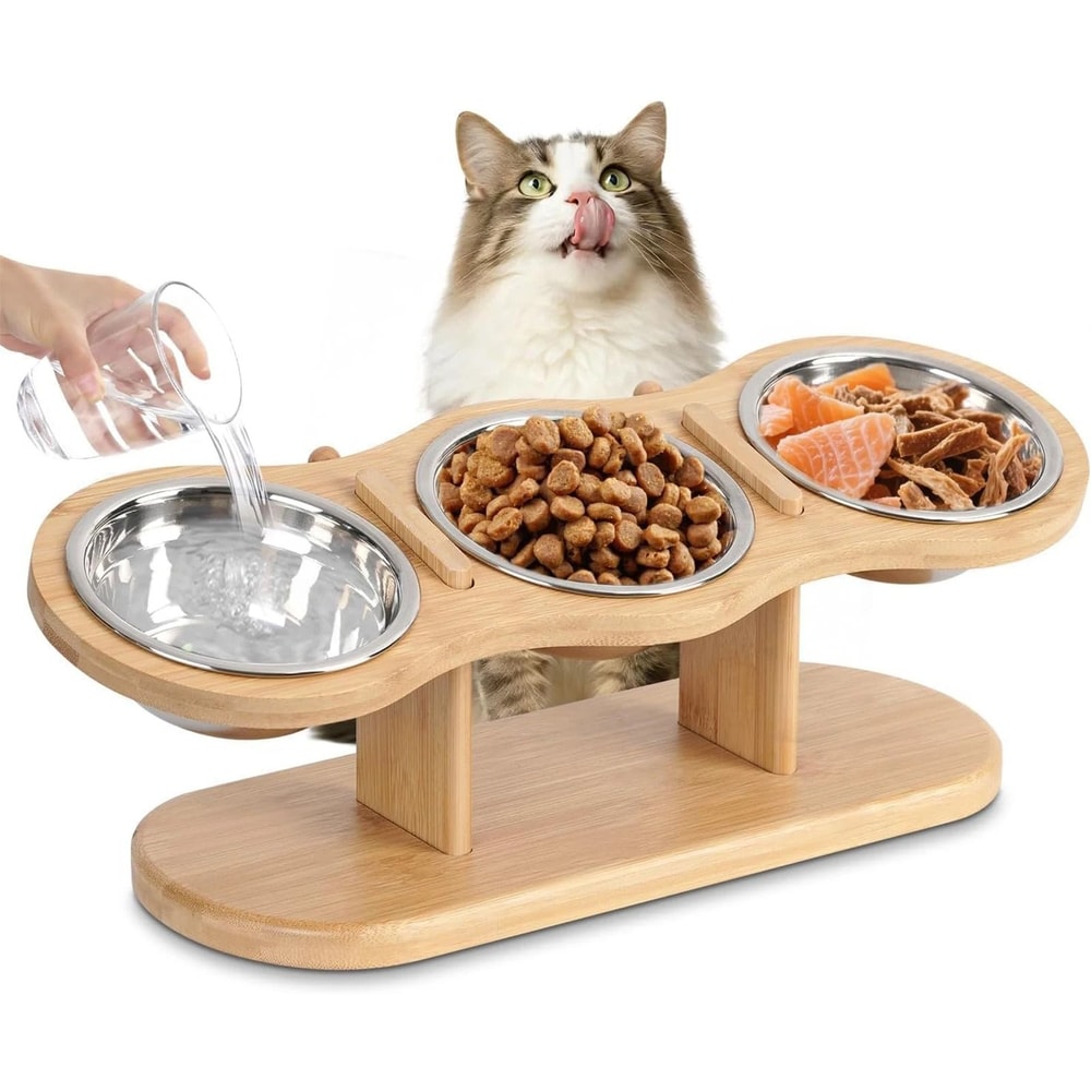 Elevated Cat Feeding Station With Raised Wood Stand And 3 Stainless Steel Bowls 0