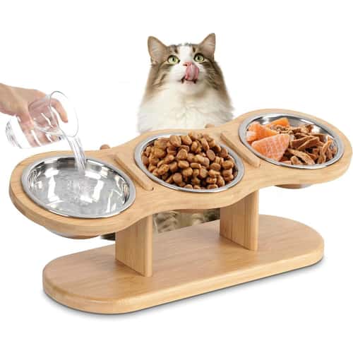 Elevated Cat Feeding Station with Raised Wood Stand and 3 Stainless Steel Bowls