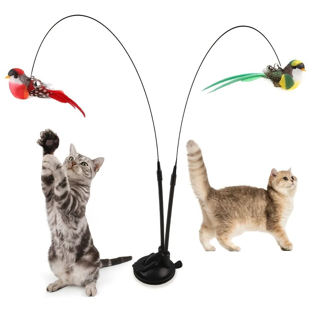 Interactive Bird Cat Teaser Wand Hands Free Suction Cup Cat Toy Set With Bells 3
