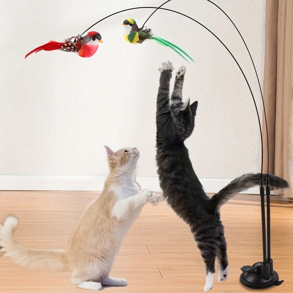 Interactive Bird Cat Teaser Wand Hands Free Suction Cup Cat Toy Set With Bells 6
