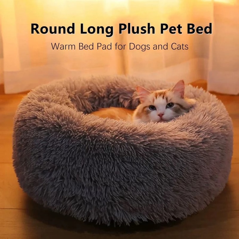Soft Plush Donut Pet Bed Calming Faux Fur Sleeping Bed For Cats And Small Dogs 10
