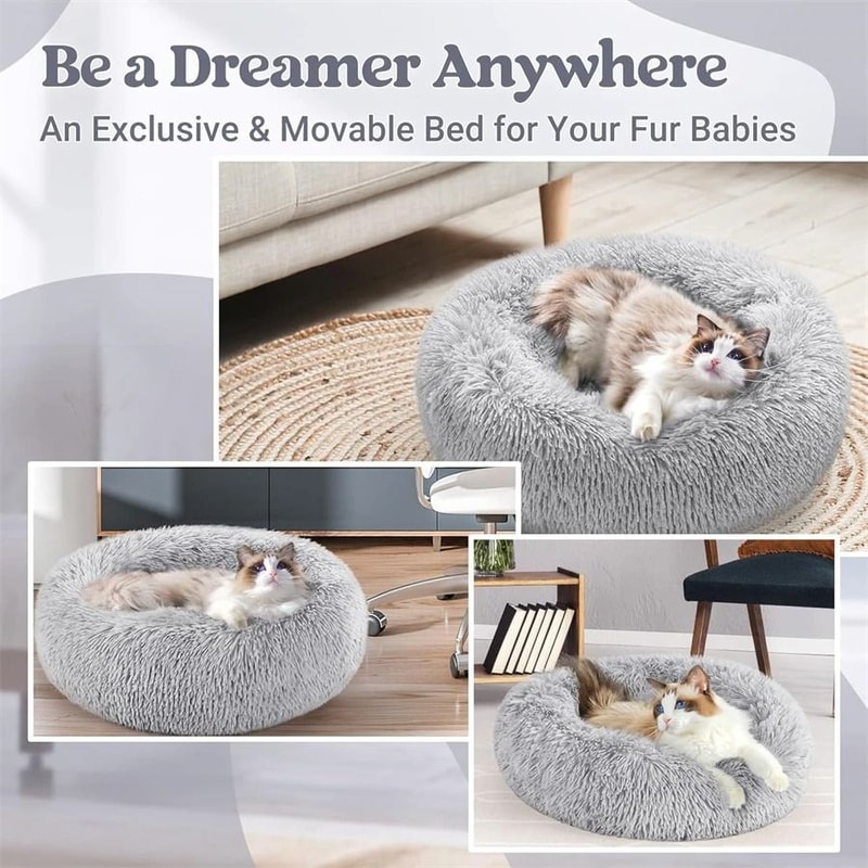 Soft Plush Donut Pet Bed Calming Faux Fur Sleeping Bed For Cats And Small Dogs 5