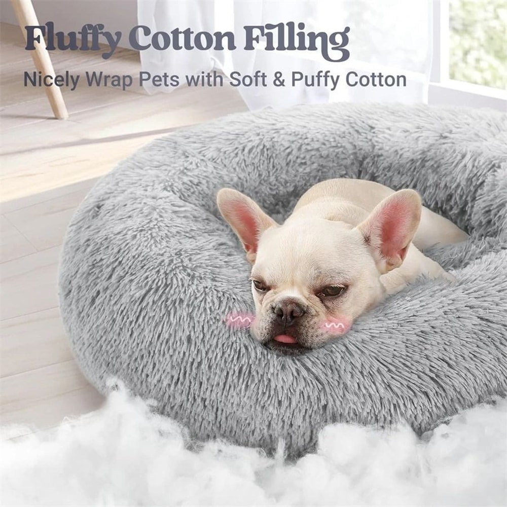 Soft Plush Donut Pet Bed Calming Faux Fur Sleeping Bed For Cats And Small Dogs 8