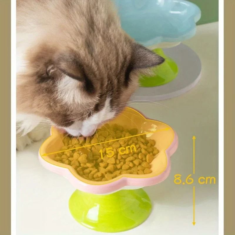 Ceramic Elevated Cat Food Bowl With Floral Design For Neck Protection 6