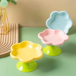 ceramic elevated cat food bowl with floral design for neck protection