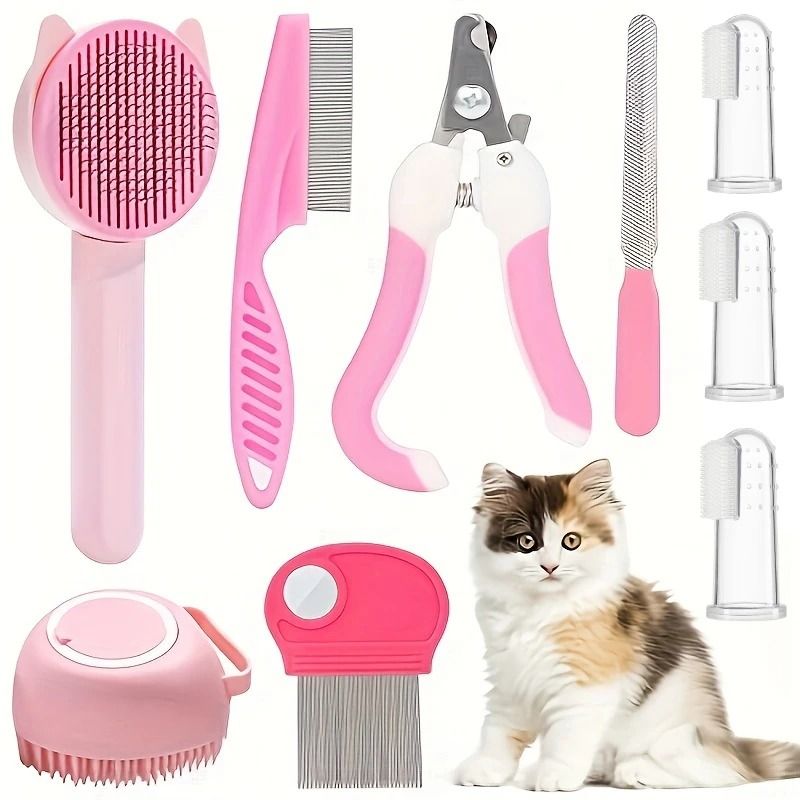 8 Piece Pet Grooming Kit With Self Cleaning Cat Brush And Nail Clippers 2