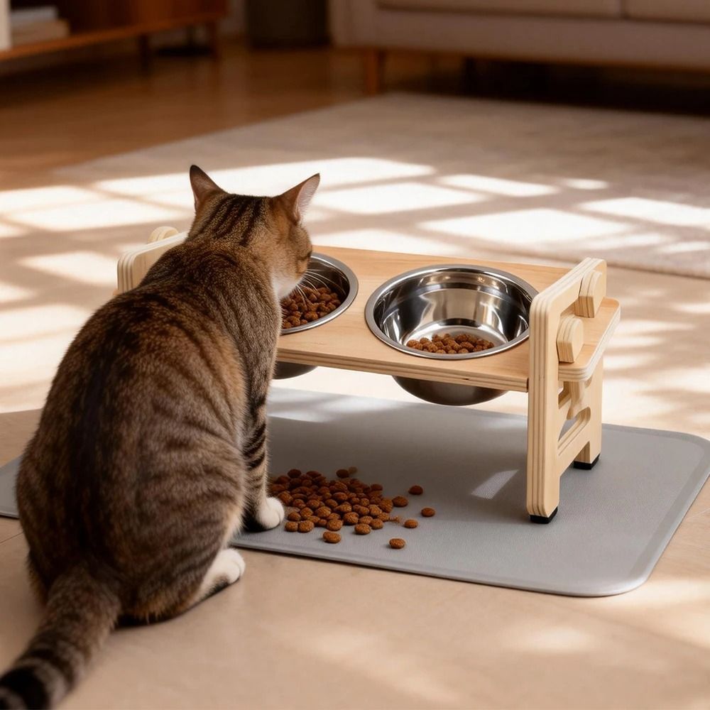 Adjustable Elevated Cat Bowl Stand With Silicone Feeding Mat 0
