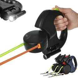 dual retractable dog leash with led flashlight and waste bag holder