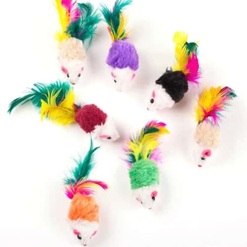 Interactive Cat Mouse Toy with Colorful Feathers Soft Wool Play Toy for Cats and Kittens