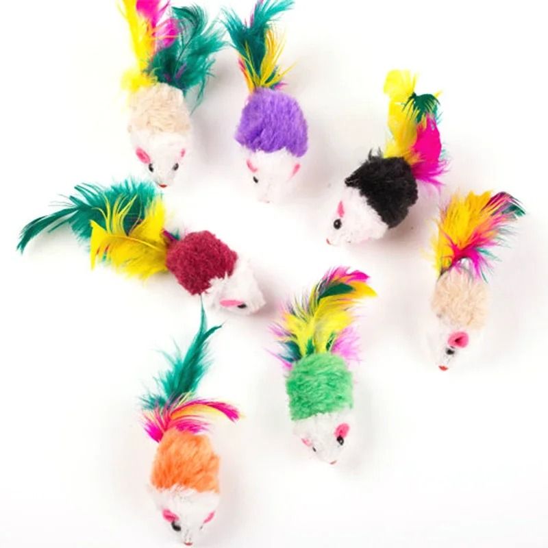 Interactive Cat Mouse Toy With Colorful Feathers Soft Wool Play Toy For Cats And Kittens 1