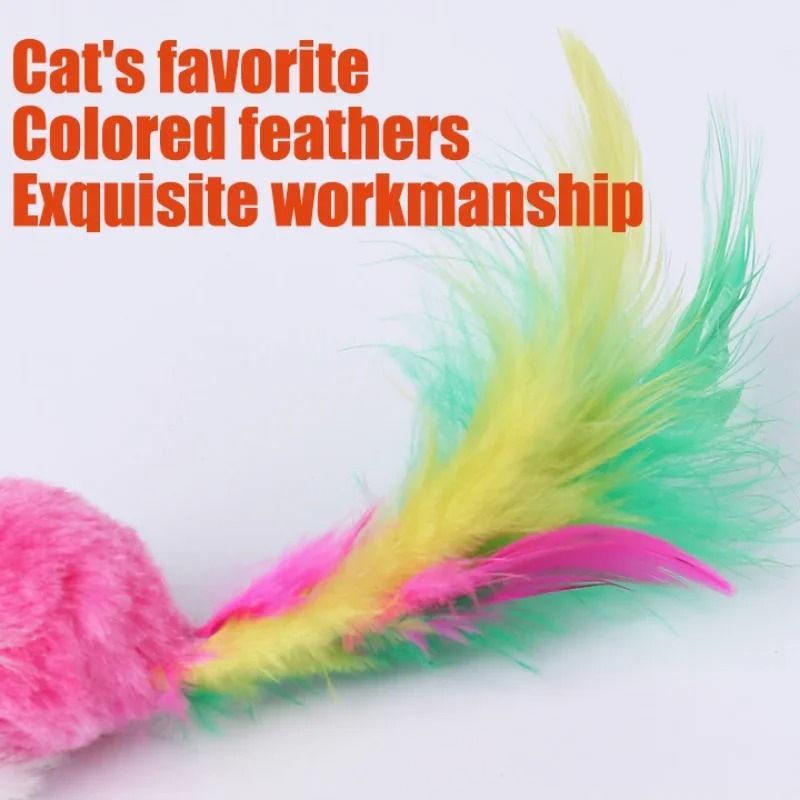 Interactive Cat Mouse Toy With Colorful Feathers Soft Wool Play Toy For Cats And Kittens 4