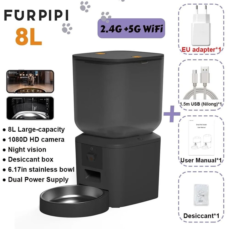 Furpipi 8L Smart Automatic Cat Feeder With HD Camera WiFi App Control Pet Food Dispenser 2