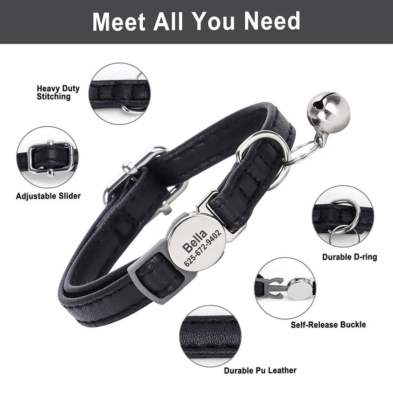 Personalized PU Leather Cat Collar With Engraved ID Nameplate 10