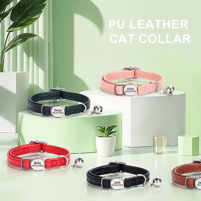 Personalized PU Leather Cat Collar With Engraved ID Nameplate 9