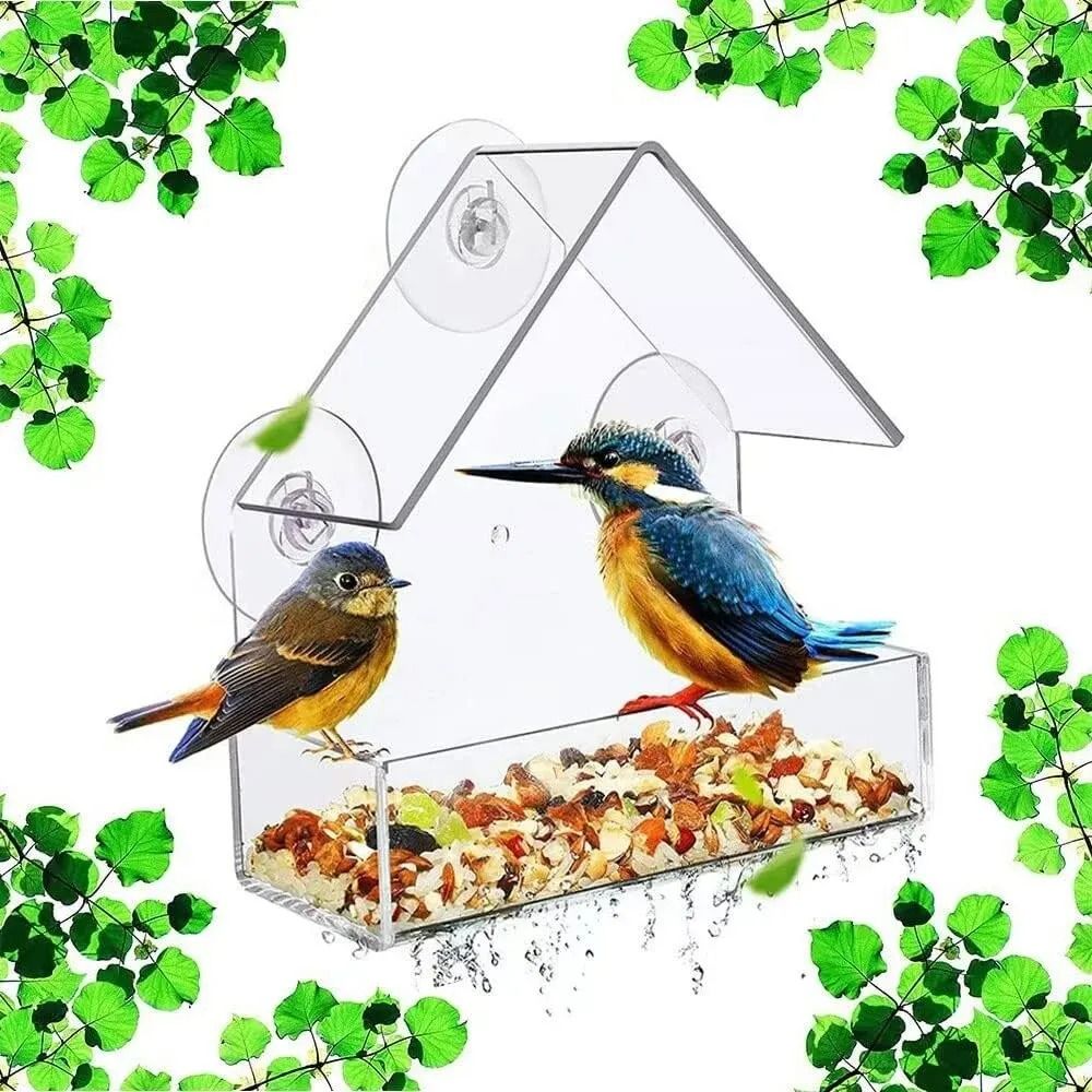 Clear Acrylic Window Bird Feeder Hanging Outdoor Bird House With Suction Cups 0