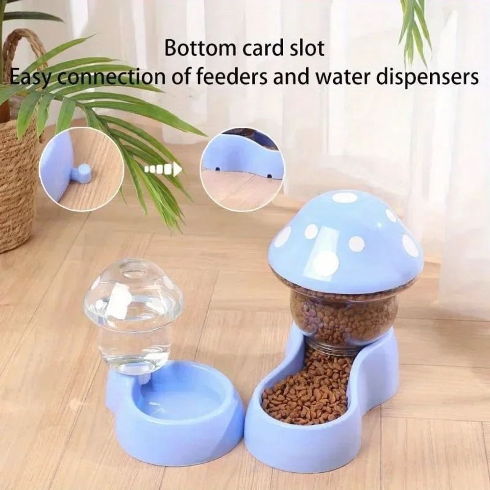Automatic Cat Feeder And Water Dispenser Cute Mushroom Large Capacity Pet Food Bowl Set 7