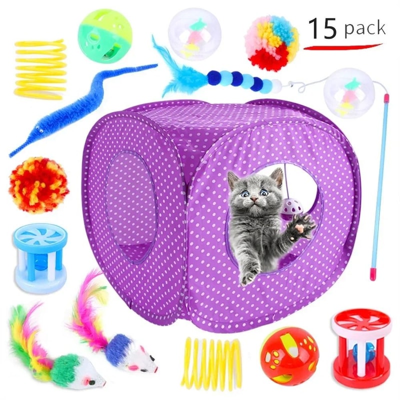 Foldable Cat Play Tunnel Tent With Mouse Ball Toys For Kittens And Indoor Cats 4
