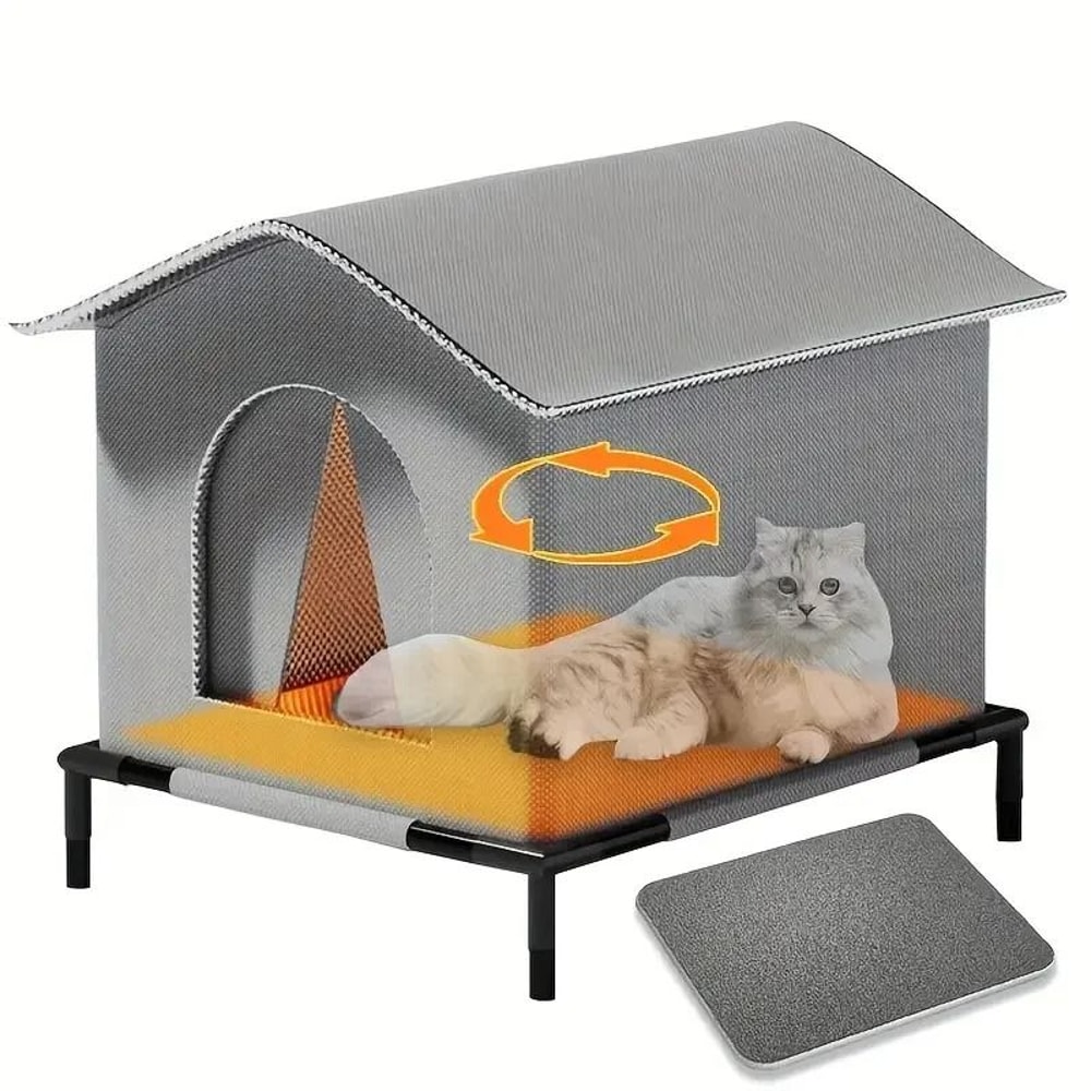Insulated Outdoor Cat House With Stand Weatherproof Oxford Cloth Shelter For Cats 0