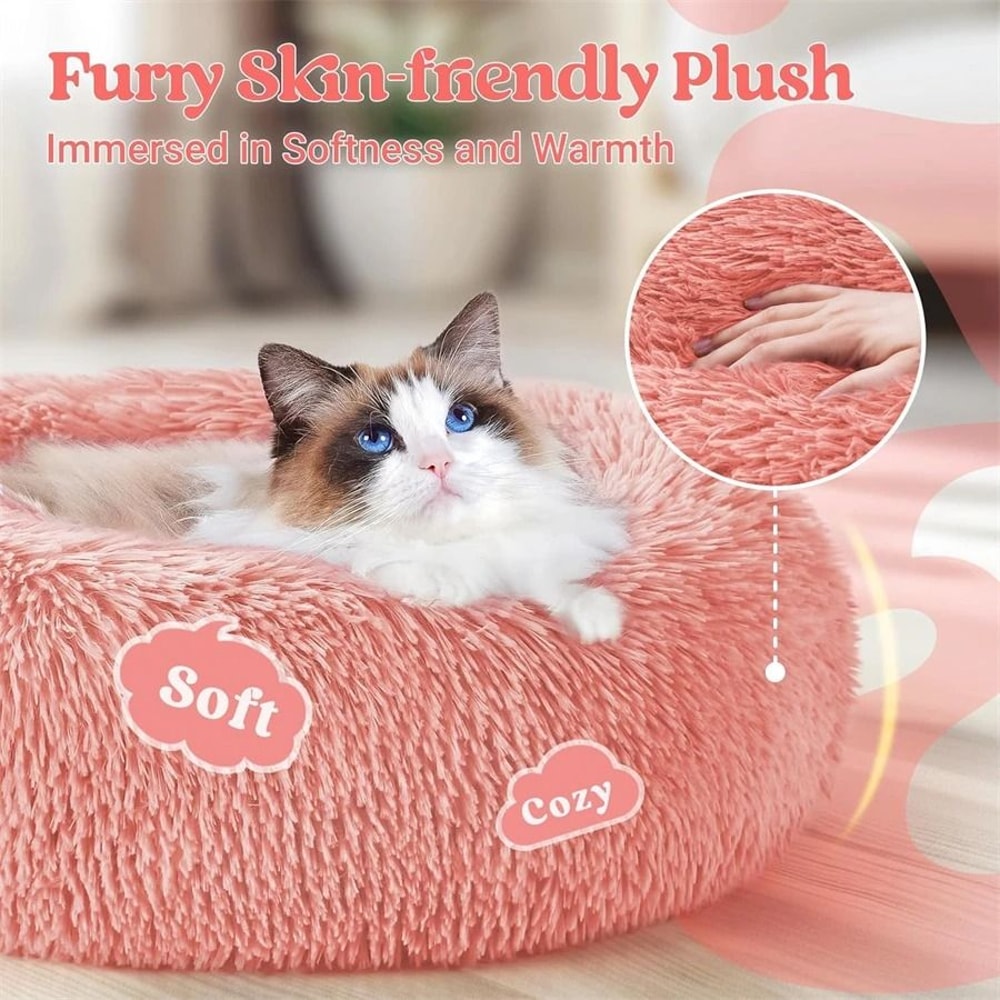 Soft Plush Calming Pet Bed Round Faux Fur Donut Bed For Cats And Small Dogs 8