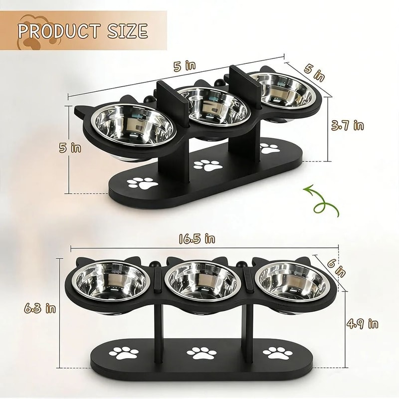 Elevated Triple Bowl Cat Feeder With Solid Wood Stand And Stainless Steel Bowls 1