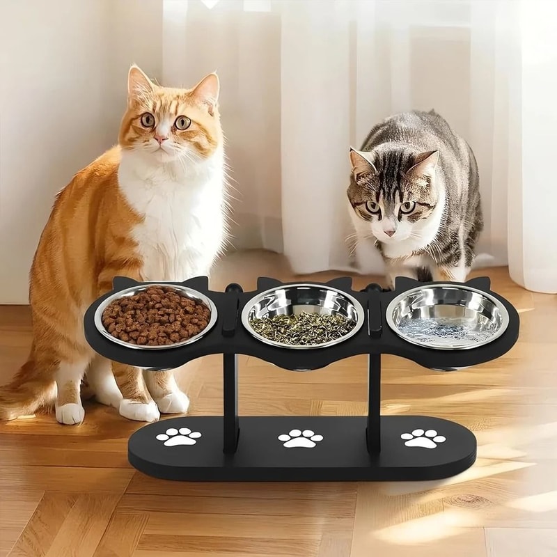 Elevated Triple Bowl Cat Feeder With Solid Wood Stand And Stainless Steel Bowls 5
