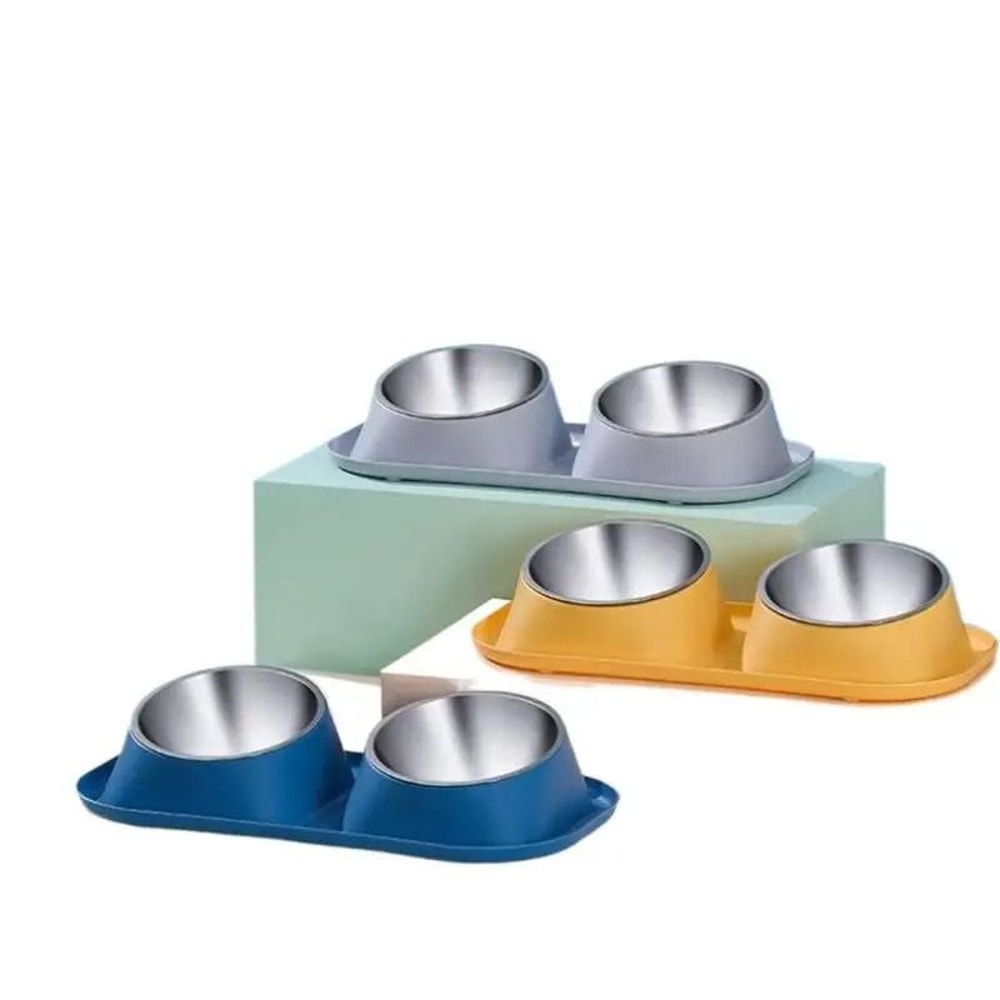 Stainless Steel Double Pet Bowl With Tilted Neck Support Design 0