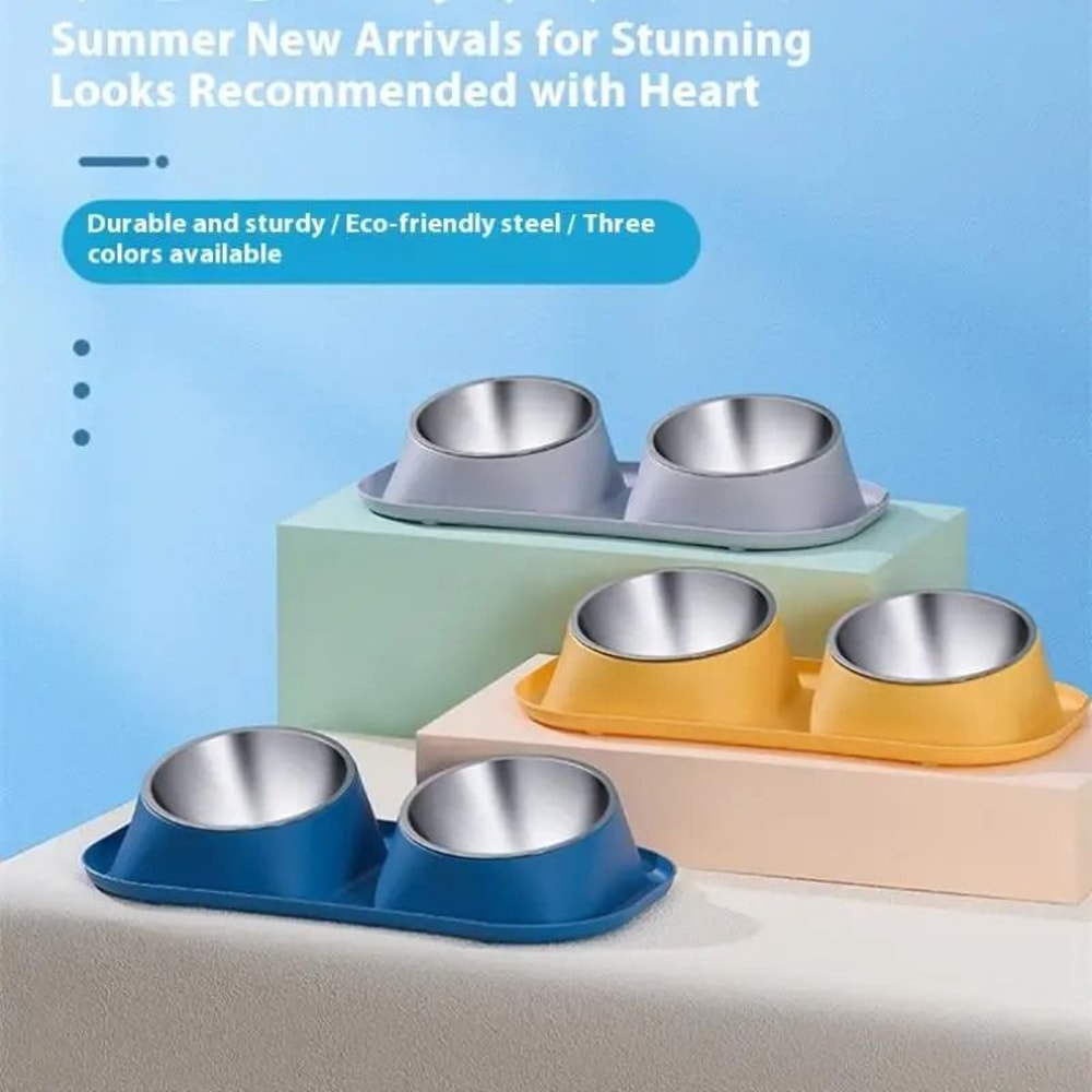 Stainless Steel Double Pet Bowl With Tilted Neck Support Design 17